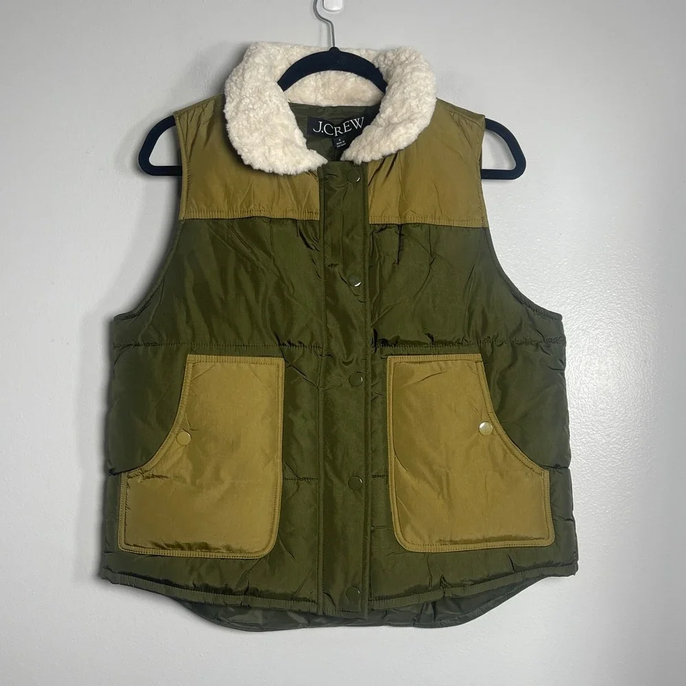 J.CREW Colorblock Puffer Vest with PrimaLoft Small Olive Green‎ Khaki NEW Sherpa